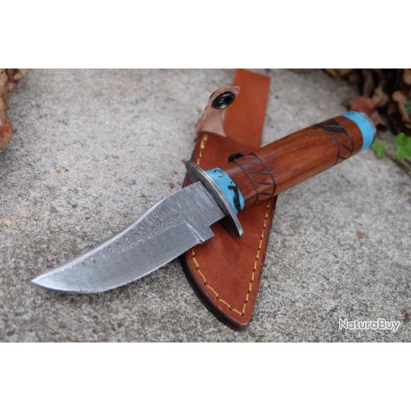 Poignard Puukko Couteau Lame Acier Damas 256 Couches Manche Bois/Damas Fabic Artisanale Etui Cuir01