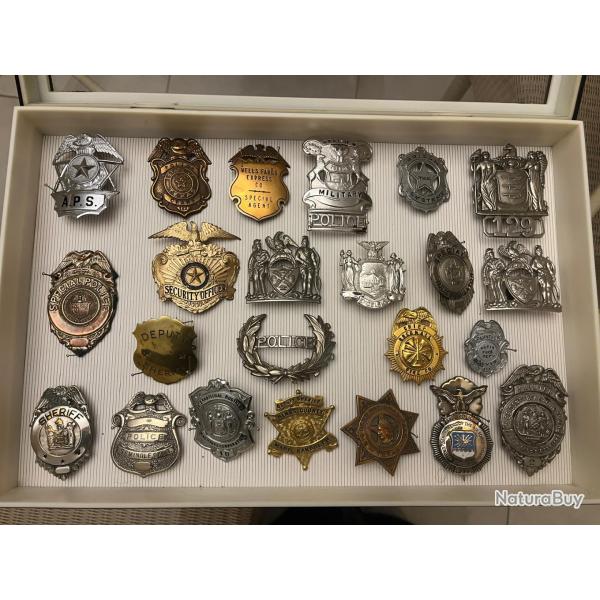 LOT DE BADGES DE POLICE US, DE POLICE MILITAIRE US, D'ETOILES DE SHERIFF ET D'EMPLOY�S OFFICIELS.