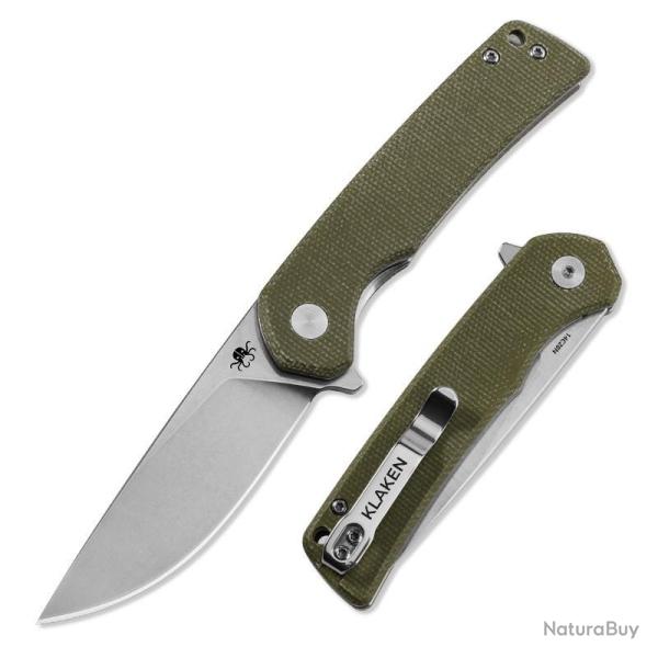 Couteau Klaken Virex Pro Drop Point Lame Acier 14C28N Manche Micarta Vert Linerlock KKNJ147SGND