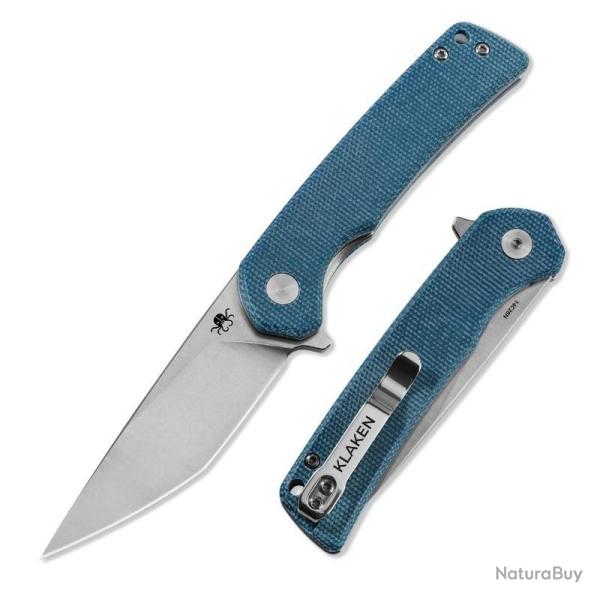 Couteau Klaken Virex Pro Tanto Lame Acier 14C28N Manche Micarta Bleu Linerlock Flipper KKNJ147SBLT