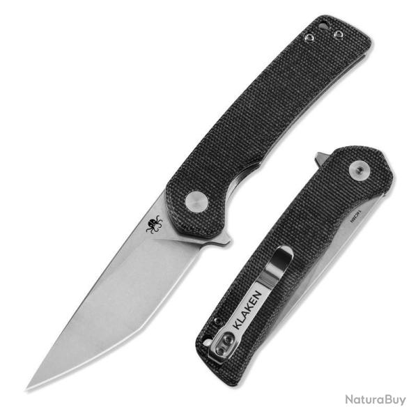 Couteau Klaken Virex Pro Tanto Lame Acier 14C28N Manche Micarta Noir Linerlock Flipper KKNJ147SBKT