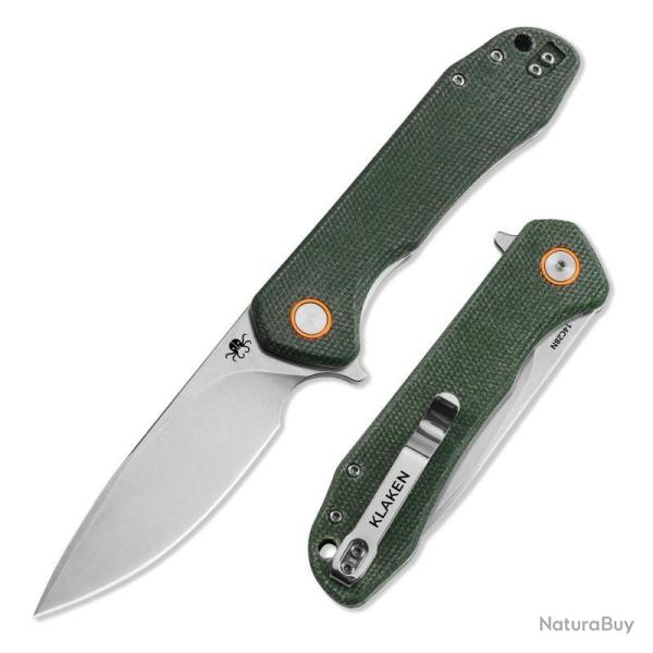 Couteau Pliant Klaken Slate Lame Acier 14C28N Manche Micarta Vert Linerlock Flipper KKNJ131GNL