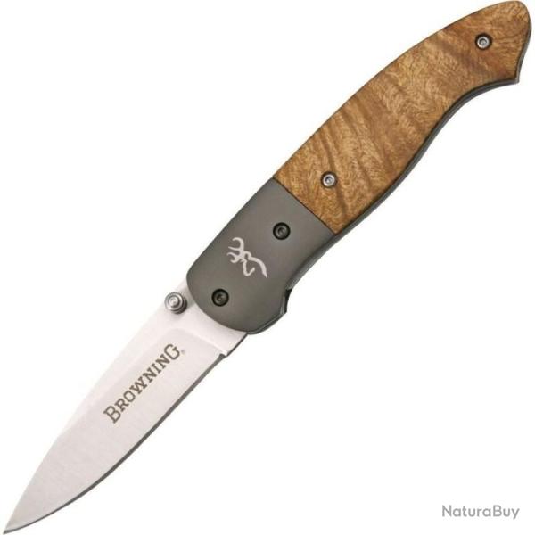 Couteau Pliant Browning Lame Acier Inox Manche Loupe de Bois Marron Linerlock Mitres Titane BR568