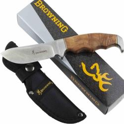Couteau Fixe Browning Skinner Lame Acier Inox Manche Loupe de Bois Marron &Eacute;tui Nylon BR526