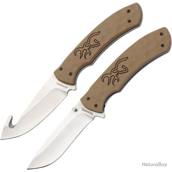 Set 2 Couteaux Browning Guthook et Linerlock Lame Acier Inox Manche Caoutchouc Marron �tui Nylon