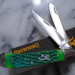 Couteau Pliant Browning Trapper Lame Acier Inox Manche Os Jigged Vert BR0540B