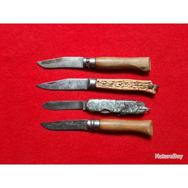 4 Couteaux pliants anciens, Opinel, Pradel