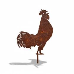 Silhouette de coq qui chante en m&eacute;tal, d&eacute;coration de jardin en acier brut 2 mm fabriqu&eacute;e en France
