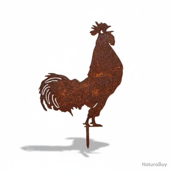 Silhouette de coq qui chante en m�tal, d�coration de jardin en acier brut 2 mm fabriqu�e en France