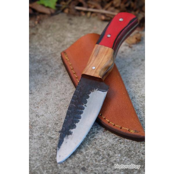 Couteau de Poche Lame Drop Point Acier Carbone 1075 Martel�e Manche 2 Bois Etui Cuir Fab Artisanale