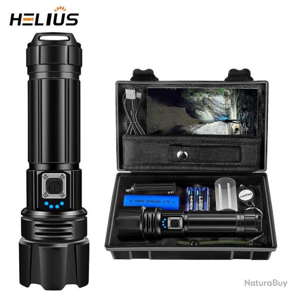 Lampe torche led tactique ultra-lumineuse Helius 3000 lumens � longue port�e, rechargeable
