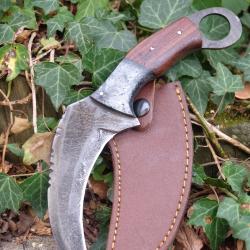 Couteau Karambit Lame Acier Damas 256 Couches Manche Bois/R&eacute;sine Etui Cuir Fabrication Artisanale