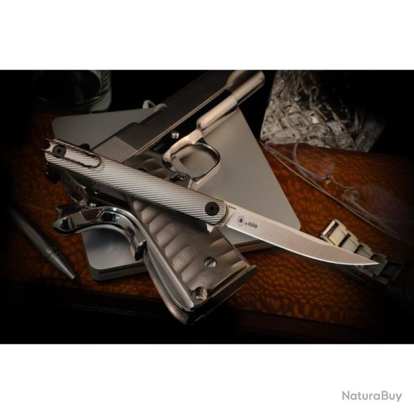 Couteau Spartan Blades Nemec Lame Acier S35VN Manche Titane Gris Linerlock Made In Taiwan SBSFBL12TI
