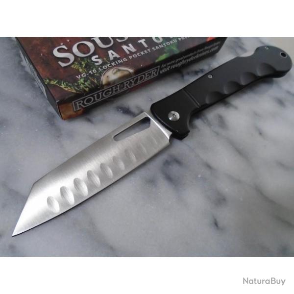Couteau Pliant Rough Ryder Sous Chef Santoku Lame Acier VG-10 Manche Aluminium Noir Lockback RR2539