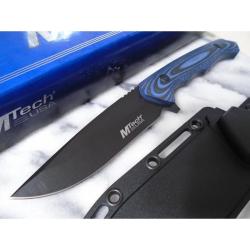 Couteau Fixe MTech Hunter Lame Acier 3Cr13MoV Manche Micarta Noir et Bleu &Eacute;tui ABS MTFIX006BL