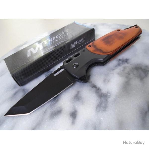 Couteau A/O MTech Tanto Lame Acier 3Cr13 Manche Inox Noir et Bois Marron Linerlock A/O MTA2009BN