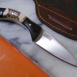 Couteau Fixe Marbles Stag Lame Acier Inox Manche Bois de Cerf et Corne &Eacute;tui Cuir MR644