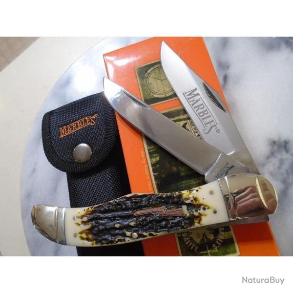 Couteau Marbles Folding Hunter Lame Acier Inox Manche Delrin Fa�on Bois de Cerf Slip Joint MR417