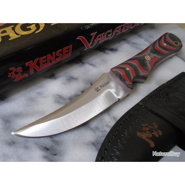 Couteau Fixe Kensei Vagabond Skinner Lame Acier Inox Manche G10 Noir et Rouge �tui Cuir KE012