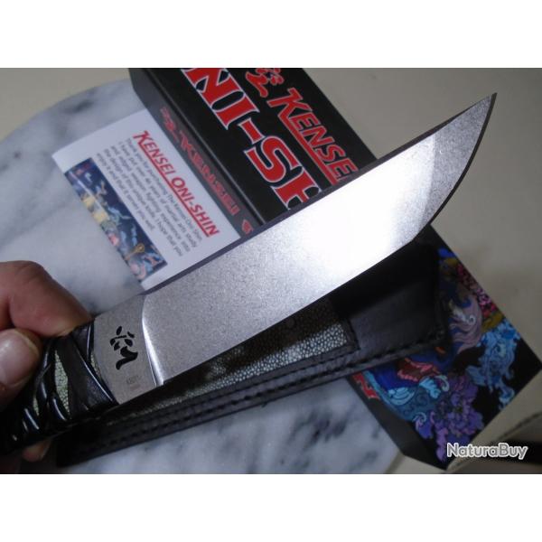 Couteau Fixe Kensei Oni-Shin Tanto Lame Acier Inox Manche Cuir Tress� Noir �tui Cuir KE011