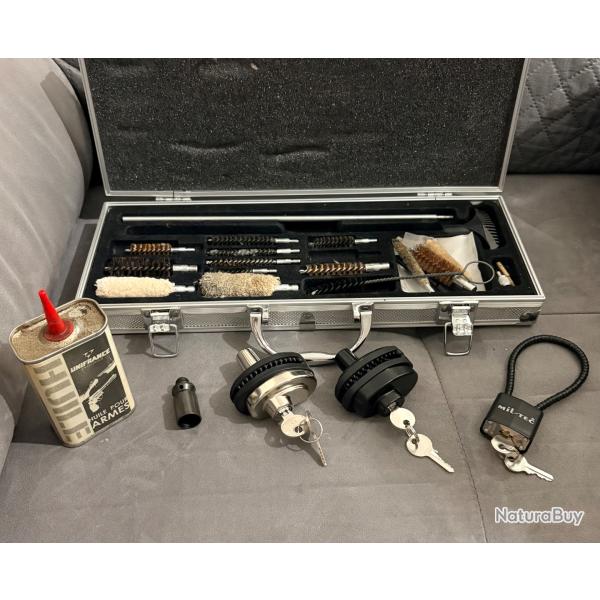 Lot entretien et s�curit� arme : Mallette nettoyage universelle + 3 Verrous + Adaptateur silencieux