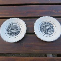 DUO d'assiettes en fa&iuml;ence d&eacute;cors chasse, sign&eacute; Digoin-Sarreguemines - FRANCE  (Fin XIX&eacute;)