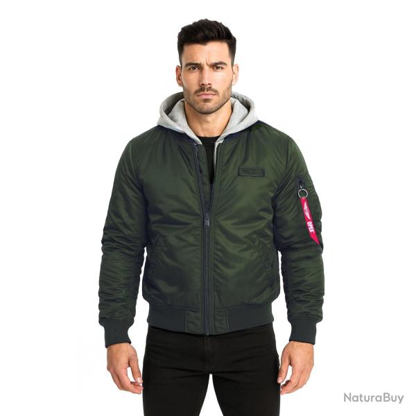 Blouson aviateur en nylon twill doublure matelass�e capuche - Vert / M