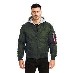 Blouson aviateur en nylon twill doublure matelass&eacute;e capuche - Vert / XL