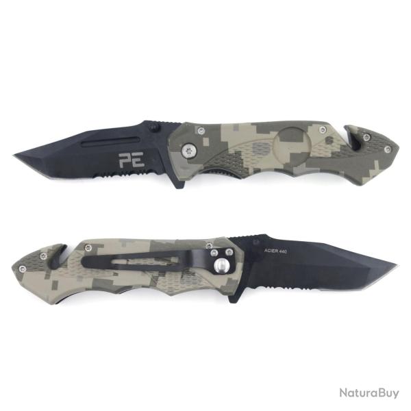 Couteau pliant Survival lame acier 440 de 8,5 cm, cran - Camouflage