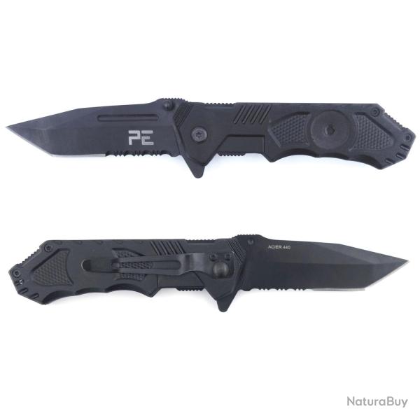 Couteau pliant Survival lame acier 440 de 8,5 cm, cran - Noir