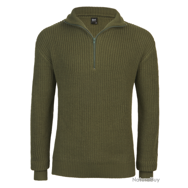 Pull Brandit Marine Troyer en maille polyacrylique col �pais - Vert olive / M (48-50)