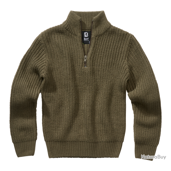Pull enfant Brandit Marine Troyer maille acrylique col montant - Vert olive / 146/152 cm