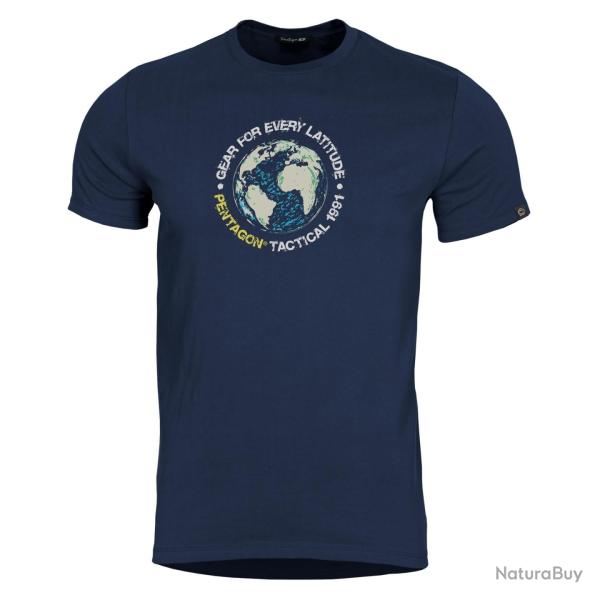 T-shirt Pentagon Globe imprim� en coton fil� - Bleu nuit / M
