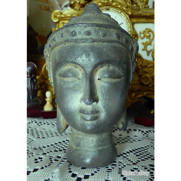 2�me T�TE DE BOUDDHA IMITANT UN OBJET ANCIEN, LOURDE, DECORATIVE, PAS EN RESINE - JOLIE ET SATINEE -