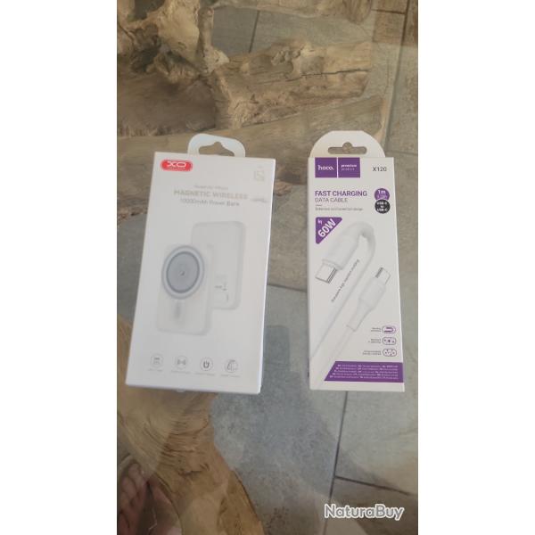NEUF - LOT BATTERIE MAGN�TIQUE XO 10 000 MAH + C�BLE HOCO USB-C 60 W
