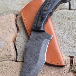 Couteau Karambit Lame Acier Damas 256 Couches Manche Bois Atlantide Etui Cuir Fabrication Artisanale
