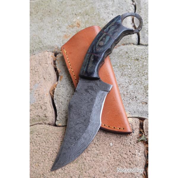 Couteau Karambit Lame Acier Damas 256 Couches Manche Bois Atlantide Etui Cuir Fabrication Artisanale