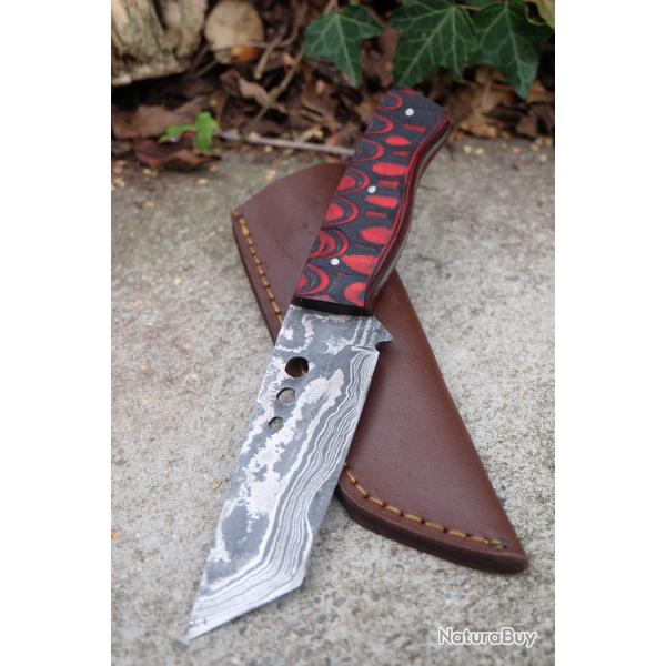 Couteau Tactical Urbain Tanto Damas Lame Acier 256 Couches Manche Coccinelle 3D Etui Cuir Artisanale