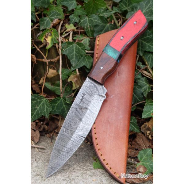 Skinner Bowie Couteau de Chasse Damas Lame 256 Couches Manche 2 Bois Fabric Artisanale Etui Cuir