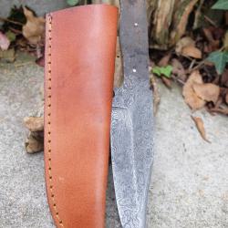 Lame 256 Couches Skinner Bowie Lame seule de Couteau de Chasse Damas Fabric Artisanale Etui Cuir