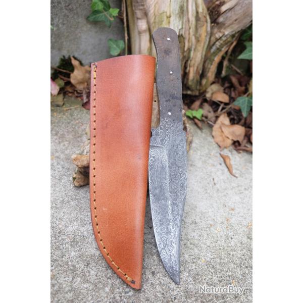 Lame 256 Couches Skinner Bowie Lame seule de Couteau de Chasse Damas Fabric Artisanale Etui Cuir