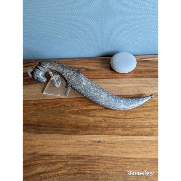 Kandjar indien acier damasquin� argent t�te de b�lier, fourreau, XXe