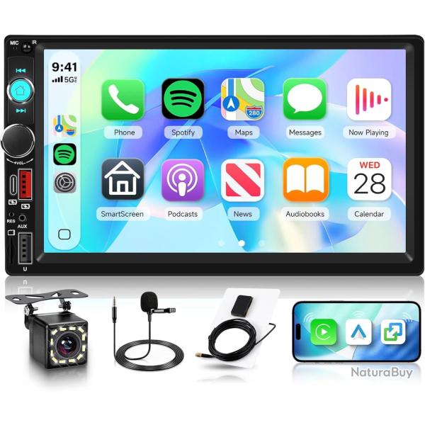 Ecran Carplay Autoradio 2 Din avec CarPlay sans Fil Android Auto Bluetooth Ecran Tactile 7 Pouces Ra