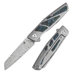Couteau Kansept Cru Lame Damas Manche Titane Carbone Bleu Framelock K1092A3