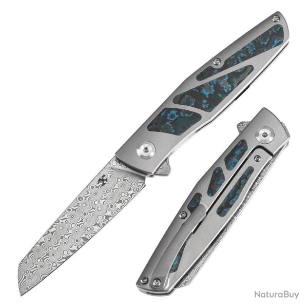 Couteau Kansept Cru Lame Damas Manche Titane Carbone Bleu Framelock K1092A3