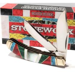 Couteau Pliant Rough Rider Bow Trapper Lame Acier Inox Manche Pierre et Nacre Multicolore Slip Joint