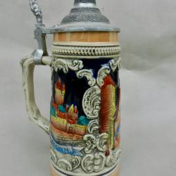 Chope &agrave; bi&egrave;re allemande en gr&egrave;s &eacute;maill&eacute; - Bernkastel, Cochem et Porta Nigra - Couvercle en &eacute;tain