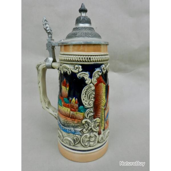 Chope � bi�re allemande en gr�s �maill� - Bernkastel, Cochem et Porta Nigra - Couvercle en �tain