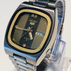 Montre Vintage Seiko 5 Automatique Calibre 6309 100% D'Origine Cadran Dor&eacute; et Noir Orn&eacute; de Cristaux