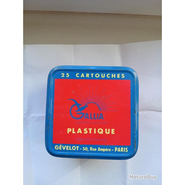 Bo�te m�tallique  de25 cartouches anciennes  GEVELOT  GALLIA  douilles  plastiques  cal 12